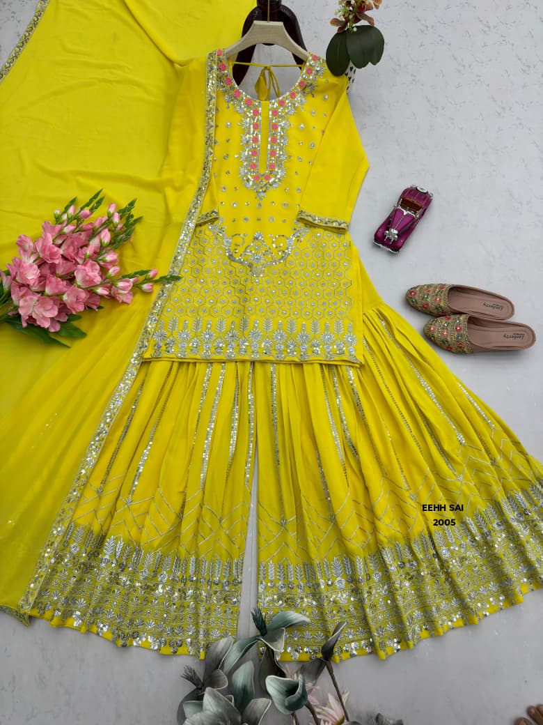 Heavy Faux Georgette Embroidered Sharara Suit Set